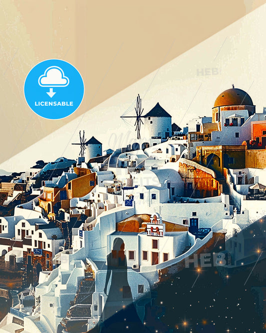 Santorini Skyline Double Exposure Sparkle Poster Art - A white buildings on a hill