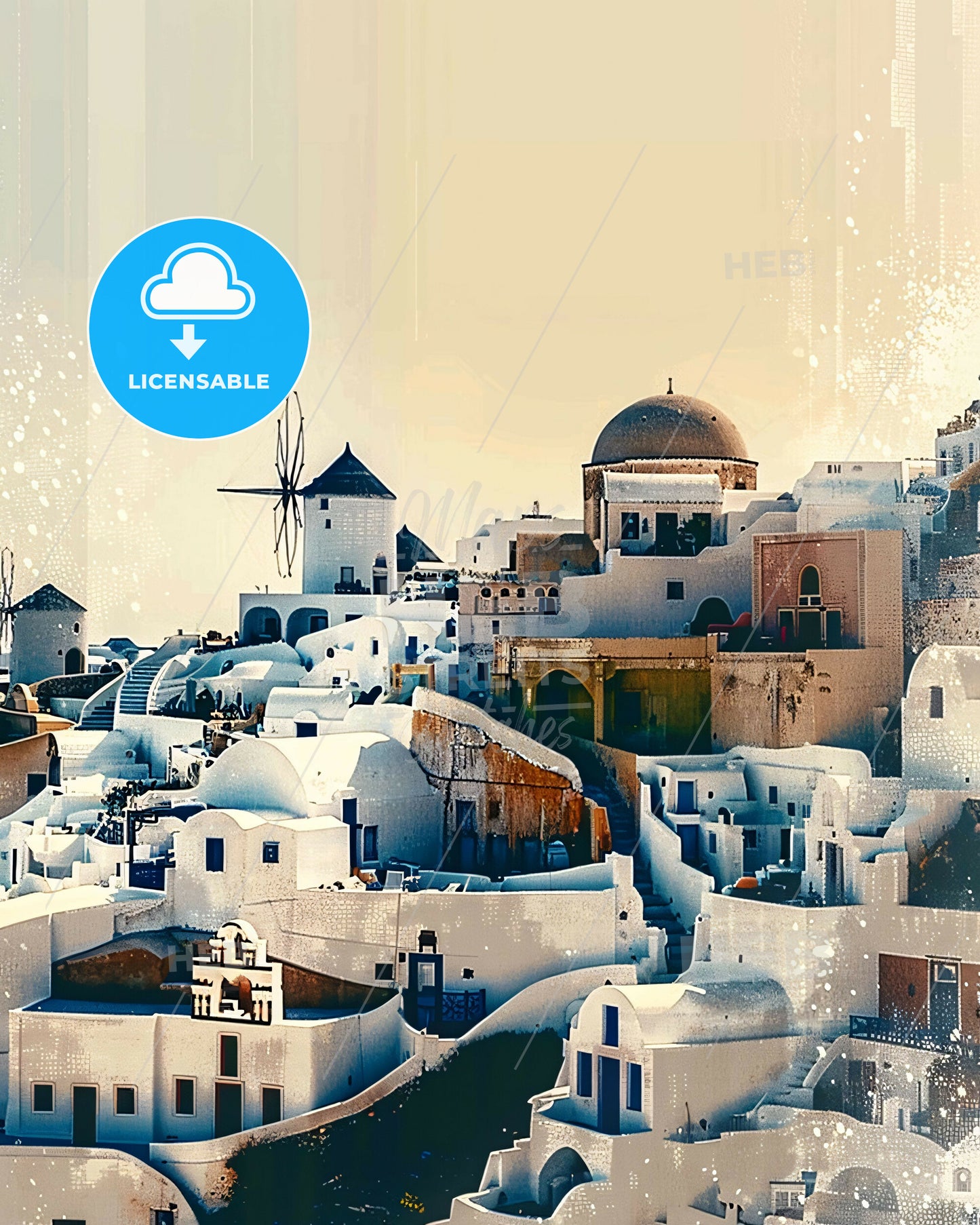 Santorini Skyline Double Exposure Art Print - A white buildings with a dome roof