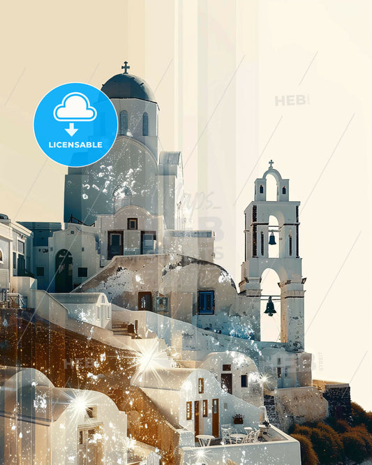 Santorini Skyline Double Exposure Composite Art - A white building with a dome and bells