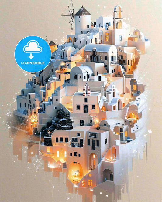 Santorini Captured in Double Exposure Art - A white building with lights