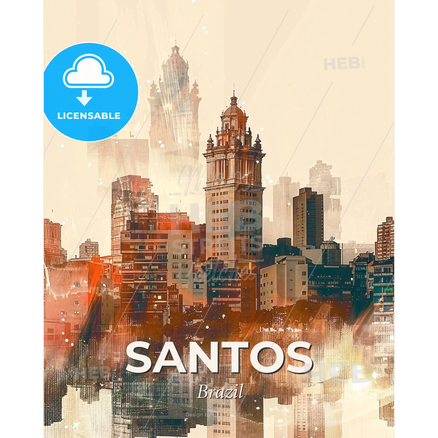 Santos Skyline Double Exposure Composite Art Poster - A city skyline with tall buildings - Square format print template