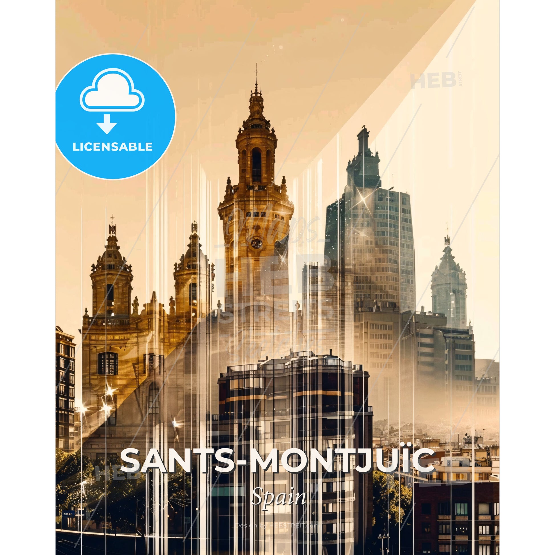 Sants-Montjuic Skyline Poster: Heritage and Modernity - A city skyline with a tower and towers - Square format print template