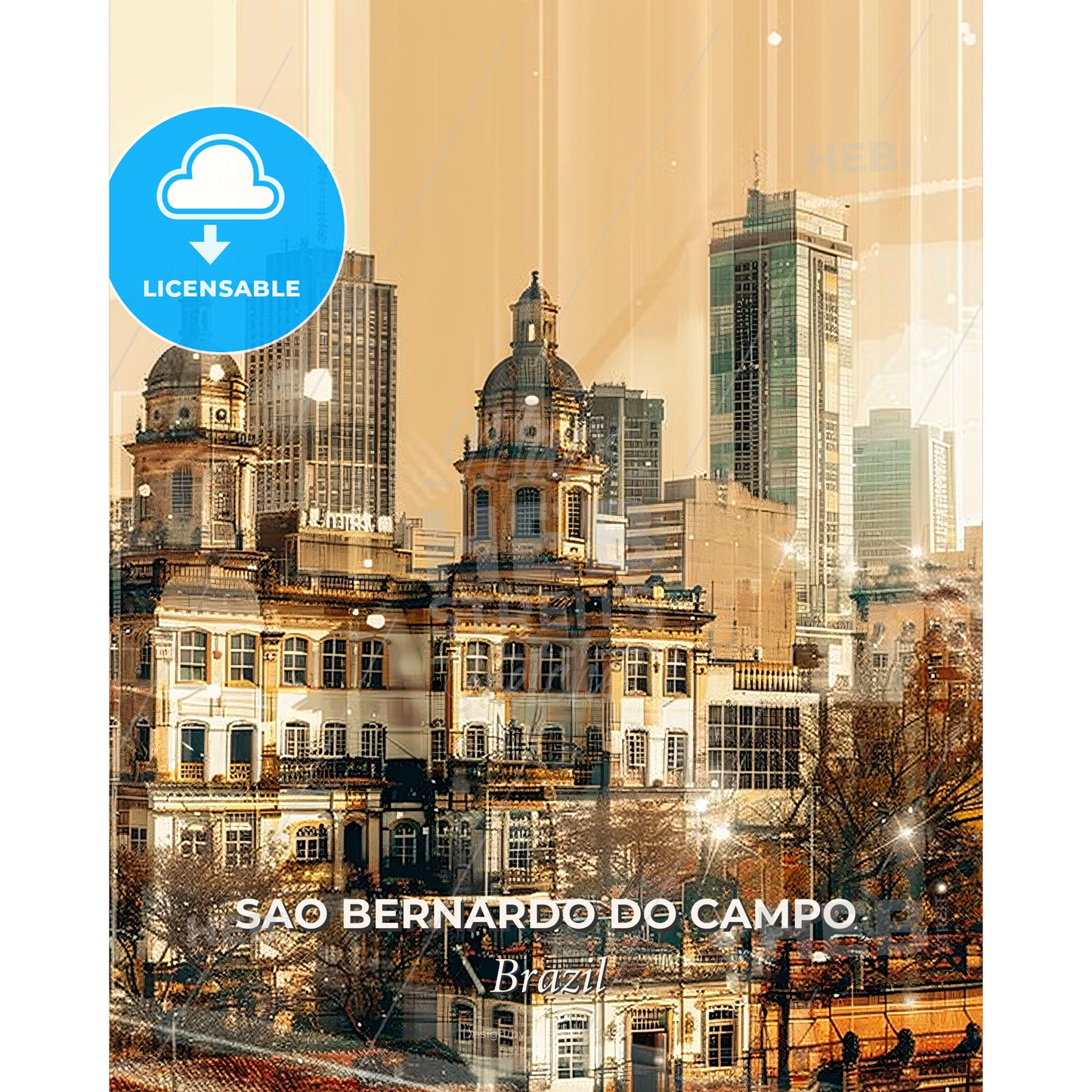 Sao Bernardo do Campo Skyline Art Poster - A city skyline with many tall buildings - Square format print template