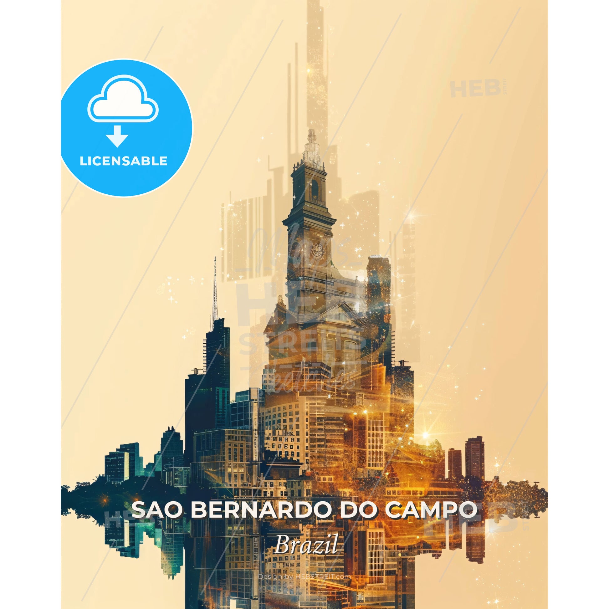 Sao Bernardo Iconography Double Exposure Skyline Poster - A city skyline with a clock tower - Square format print template
