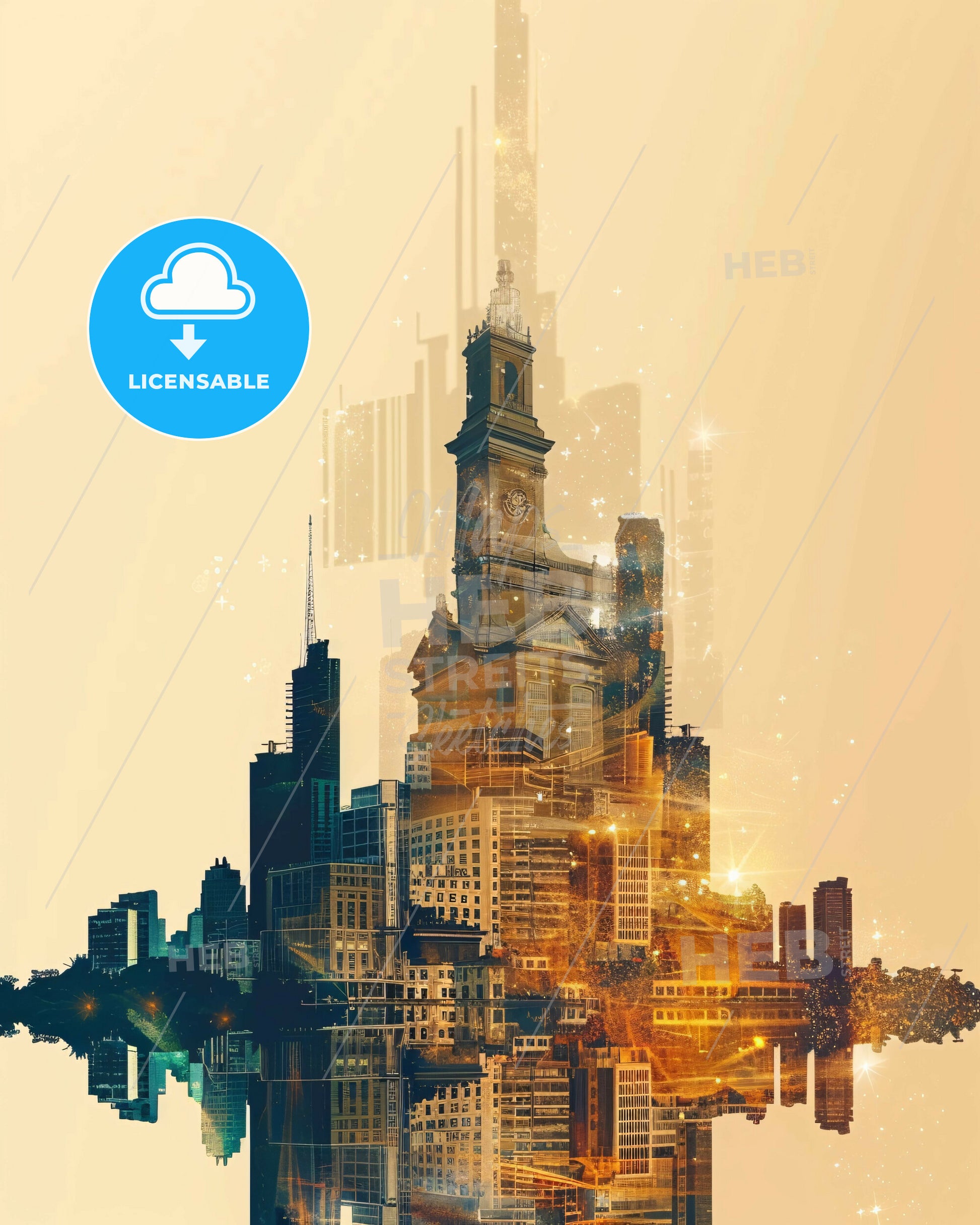 Sao Bernardo Iconography Double Exposure Skyline Poster - A city skyline with a clock tower
