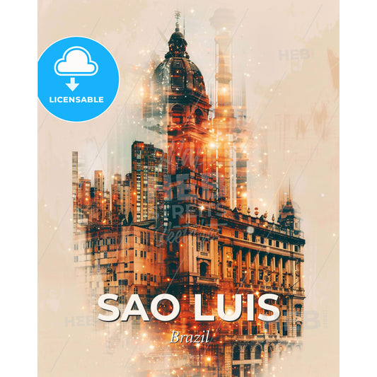 Sao Luis Double Exposure City Skyline Poster Art - A city skyline with many buildings - Square format print template