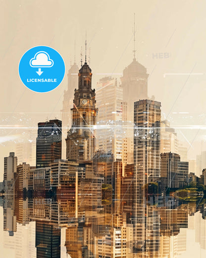 Sao Paulo City Skyline Double Exposure Composite Art - A city skyline with many tall buildings