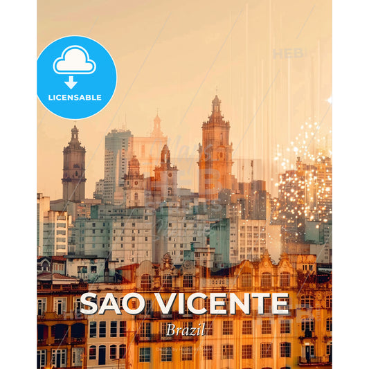 Sao Vicente Double Exposure City Skyline - A city skyline with fireworks - Square format print template