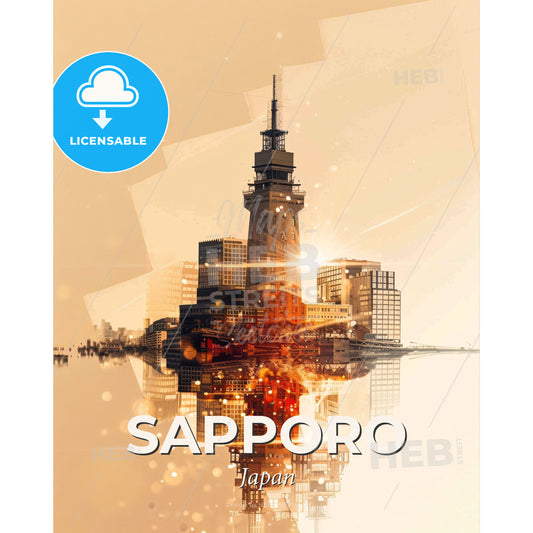 Sapporo Skyline Double Exposure Poster Art - A city with a tower in the middle of the water - Square format print template
