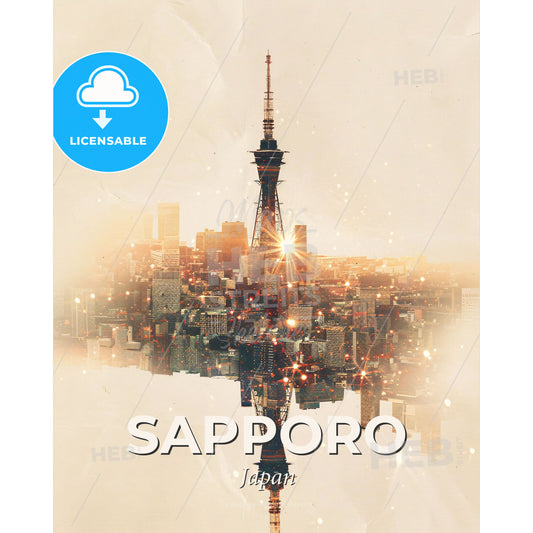 Sapporo Cityscape Double Exposure Skyline with Architecture - A city with a tower - Square format print template