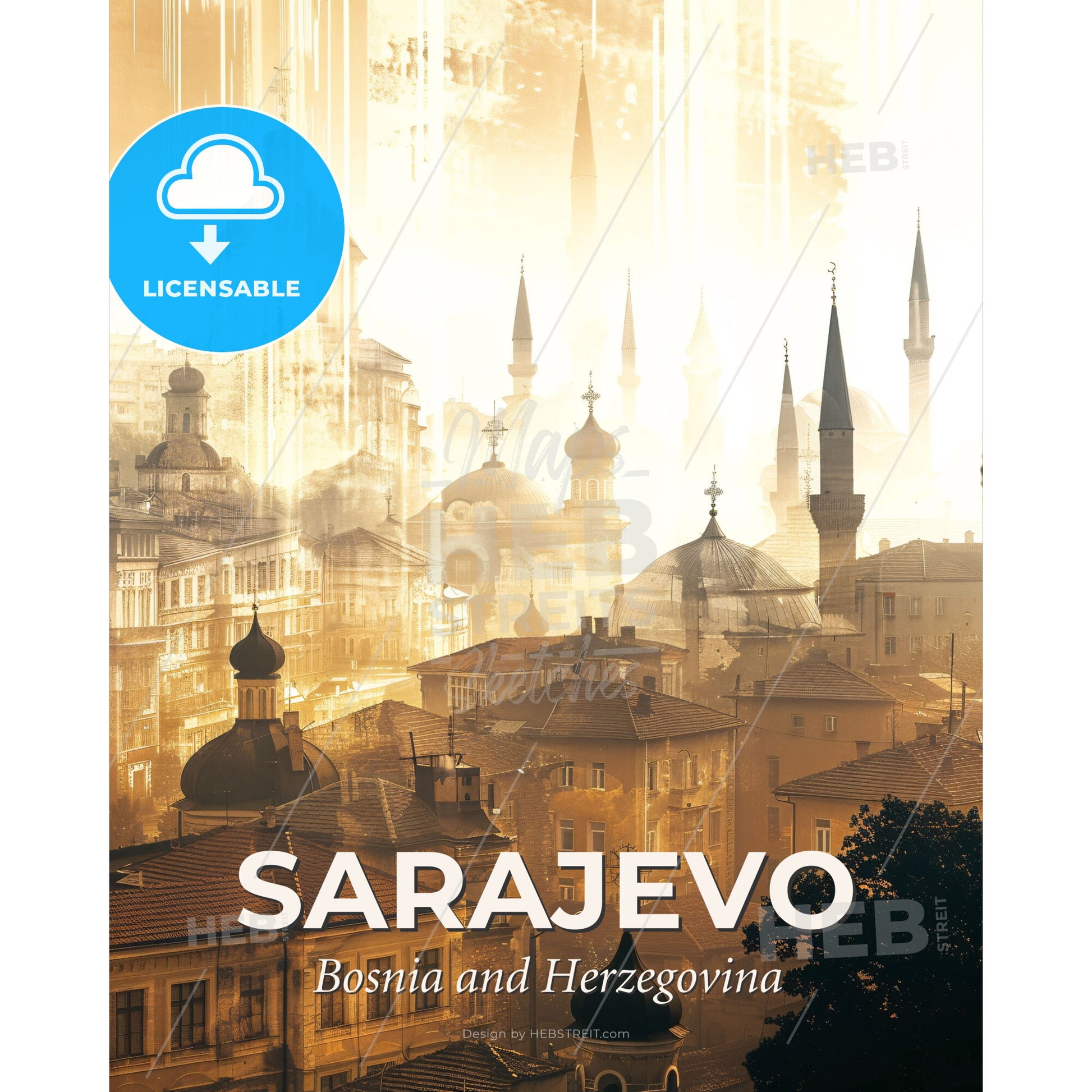 Sarajevo Skyline Double Exposure Composite Art - A city with many towers and towers - Square format print template