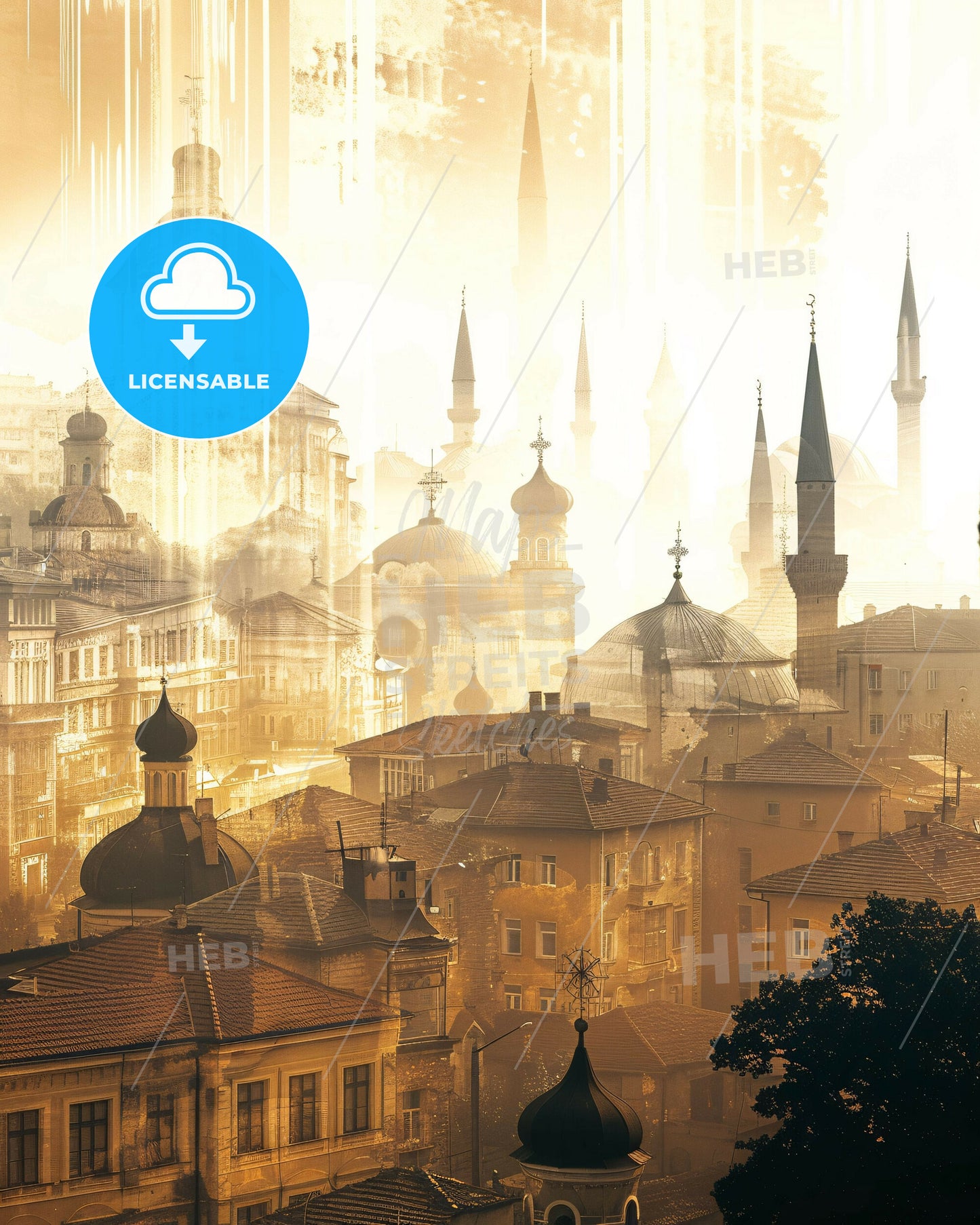 Sarajevo Skyline Double Exposure Composite Art - A city with many towers and towers