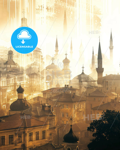Sarajevo Skyline Double Exposure Composite Art - A city with many towers and towers