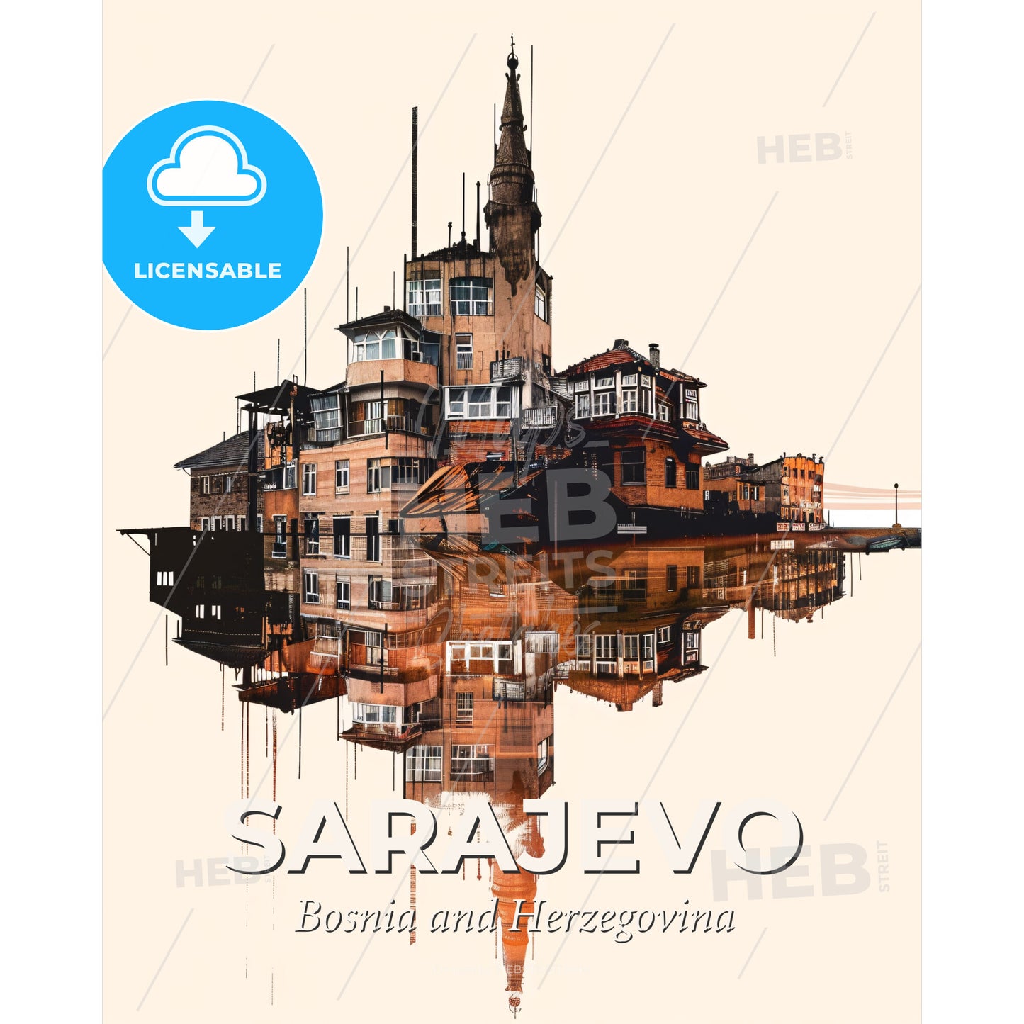 Sarajevo Skyline Bright Beige Minimalist Poster - A building with a tower and a tower reflected in water - Square format print template