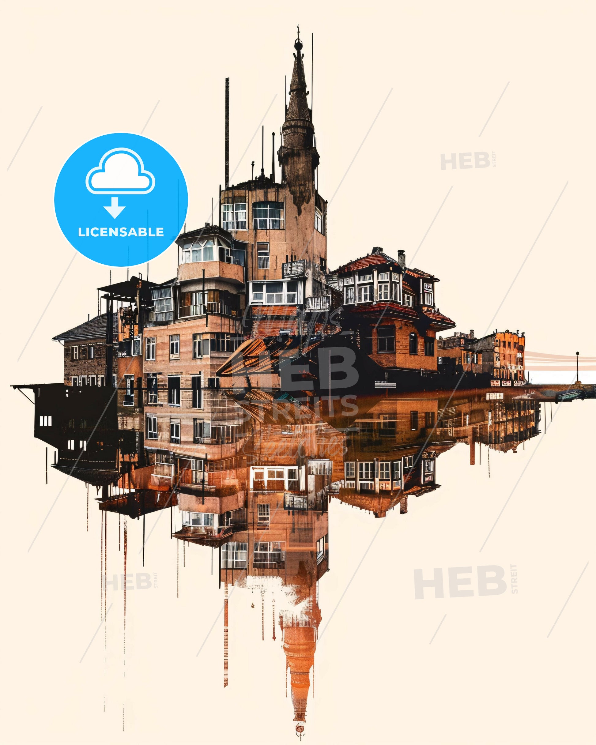 Sarajevo Skyline Bright Beige Minimalist Poster - A building with a tower and a tower reflected in water