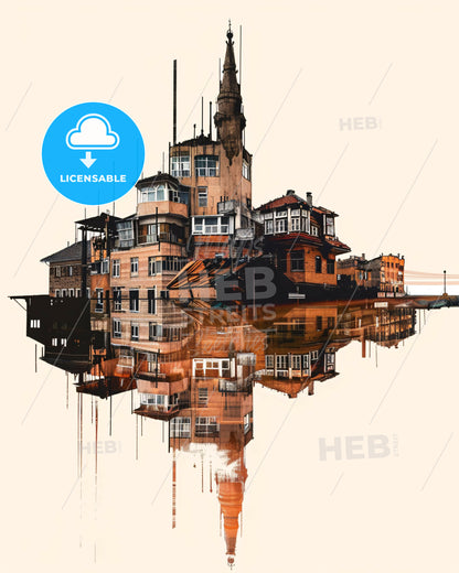 Sarajevo Skyline Bright Beige Minimalist Poster - A building with a tower and a tower reflected in water