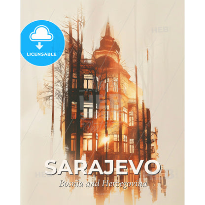 Sarajevo Skyline Art Nouveau Shadow Play Poster - A building with trees in the background - Square format print template