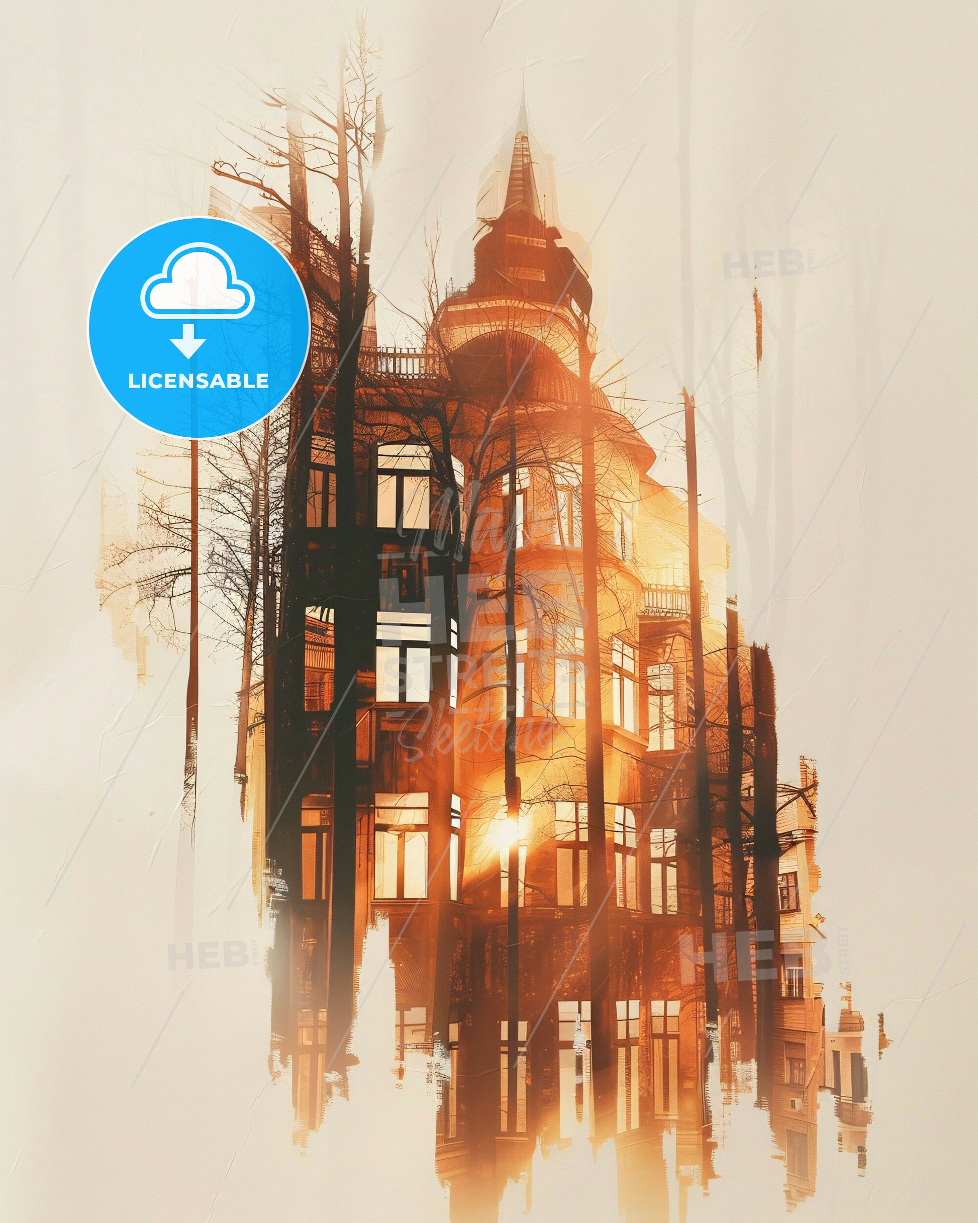 Sarajevo Skyline Art Nouveau Shadow Play Poster - A building with trees in the background