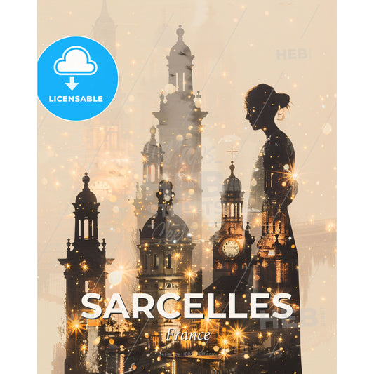 Sarcelles City Skyline Silhouettes on Beige - A woman standing in front of a city - Square format print template
