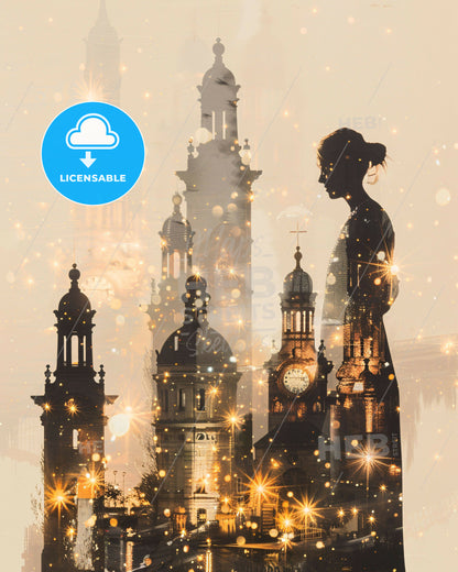 Sarcelles City Skyline Silhouettes on Beige - A woman standing in front of a city