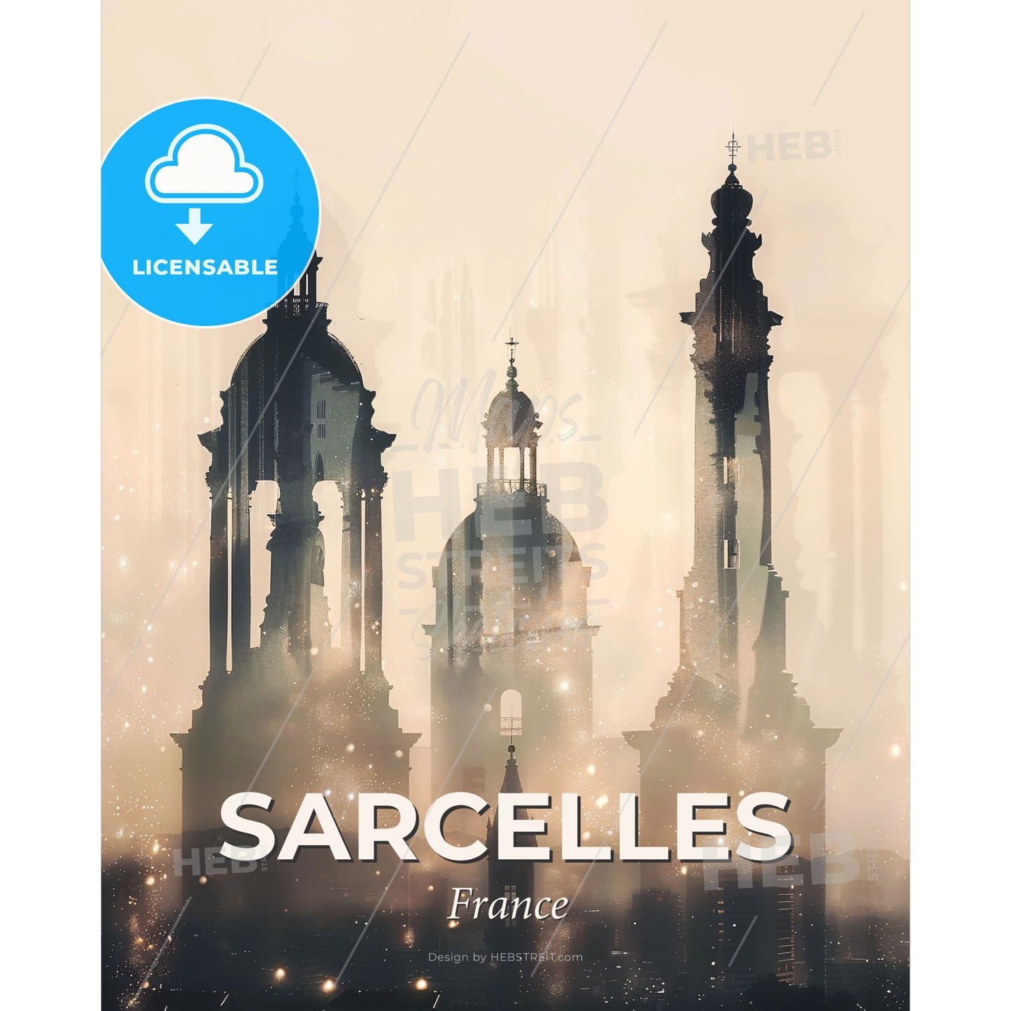 Sarcelles Skylines Double Exposure Art Lights Bright Beige - A silhouette of a building with towers and towers - Square format print template
