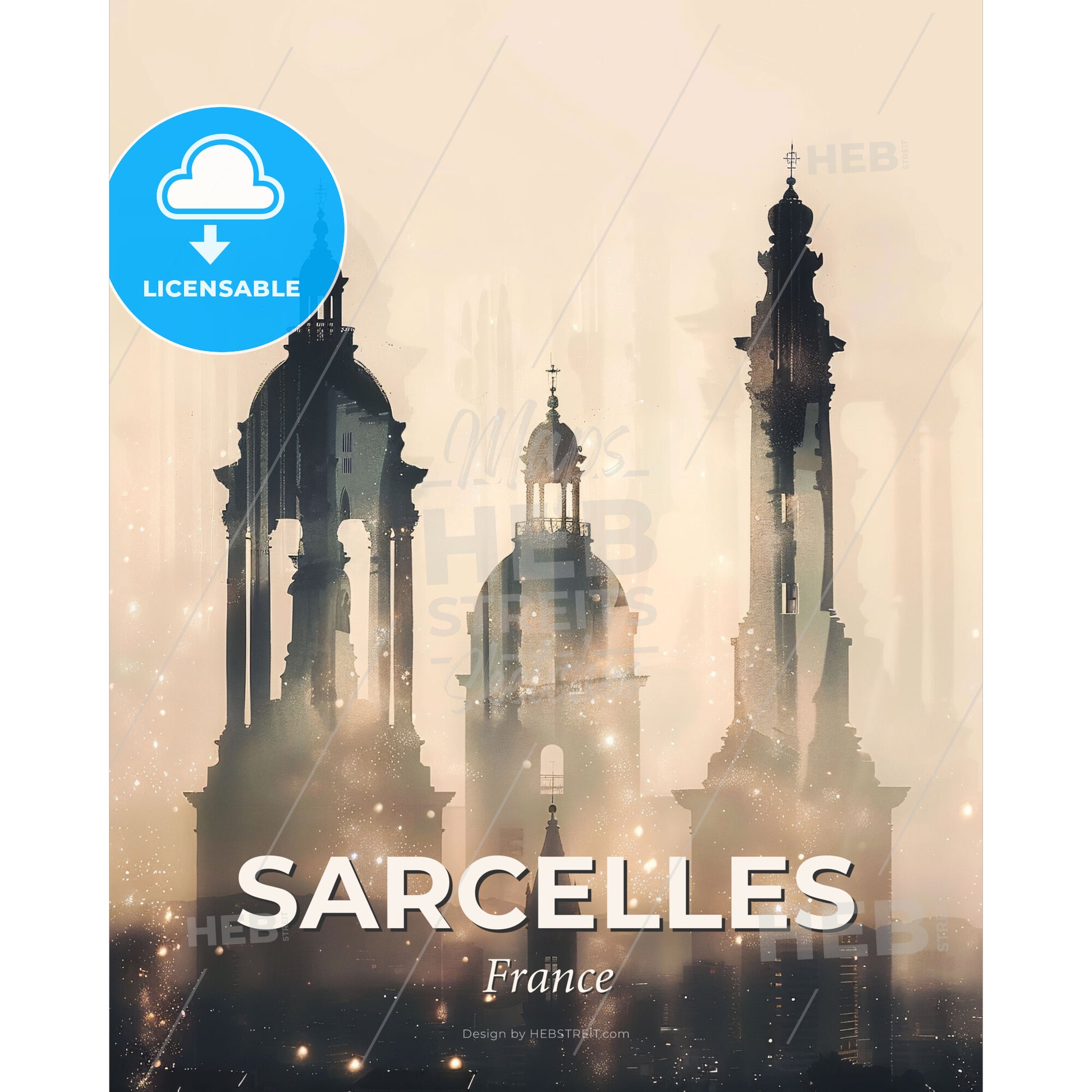 Sarcelles Skylines Double Exposure Art Lights Bright Beige - A silhouette of a building with towers and towers - Square format print template