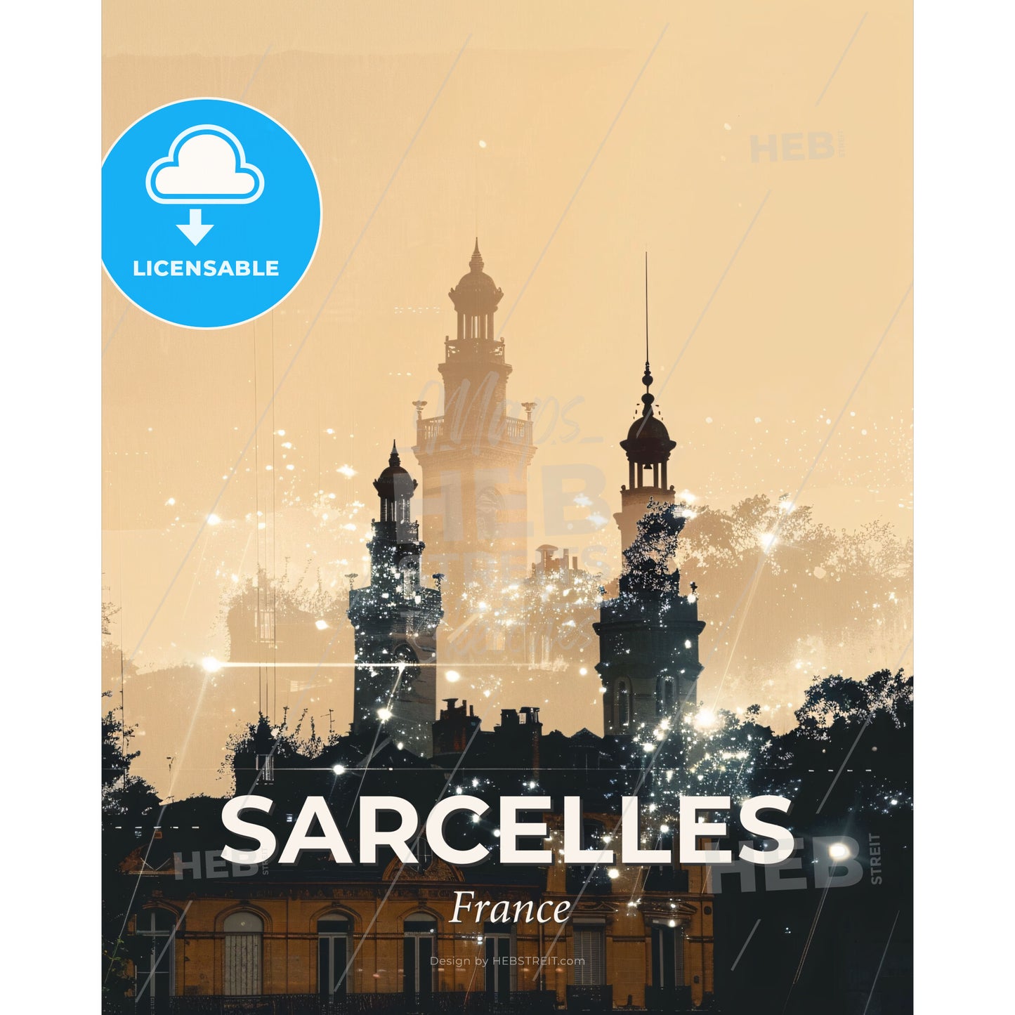 Sarcelles Skyline Silhouette Composite Art Print - A building with towers and trees - Square format print template