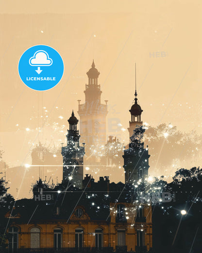 Sarcelles Skyline Silhouette Composite Art Print - A building with towers and trees