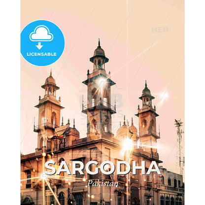 Sargodha Skyline Art: Beige Sparks Local Colors High Resolution - A building with towers and lights - Square format print template