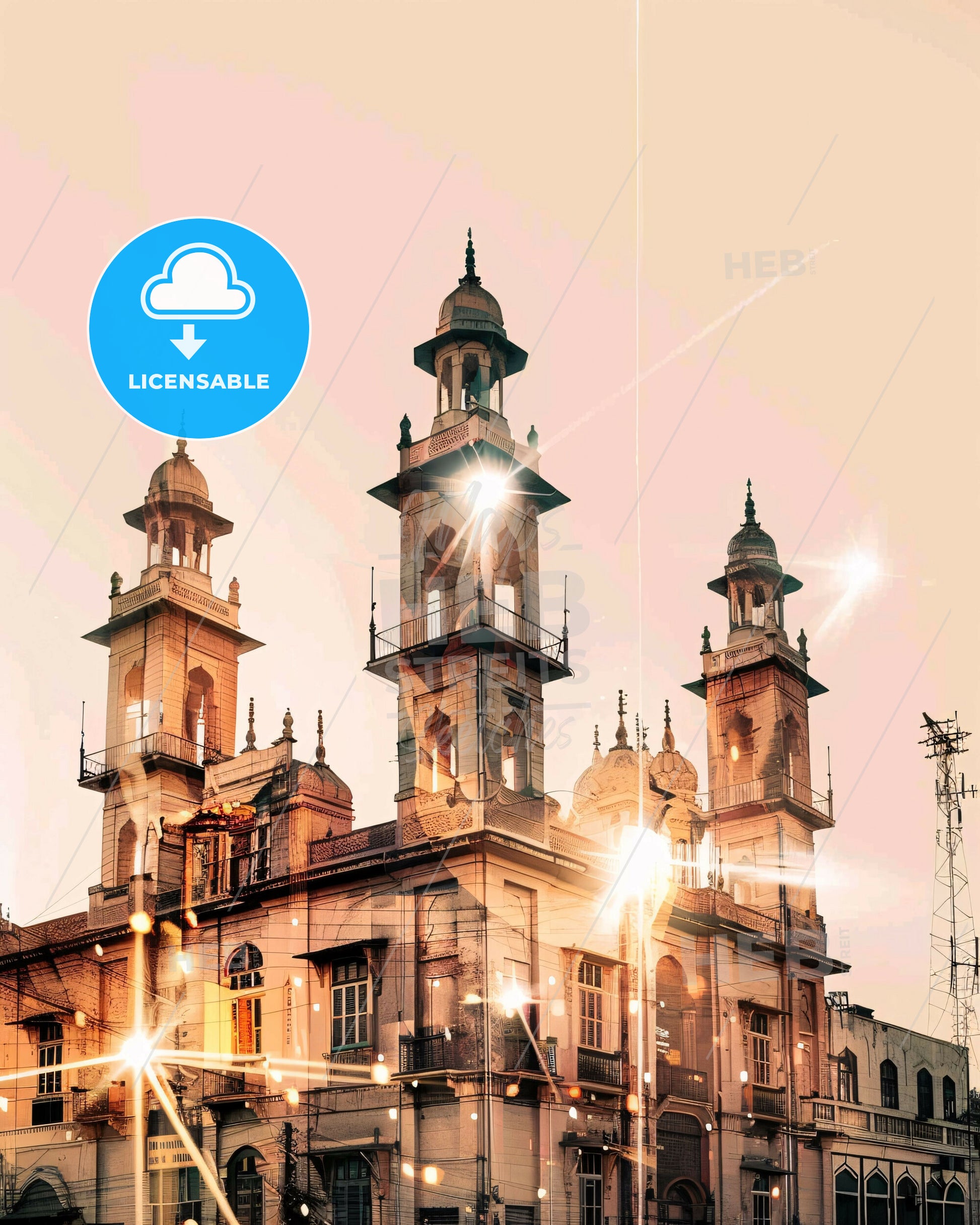 Sargodha Skyline Art: Beige Sparks Local Colors High Resolution - A building with towers and lights