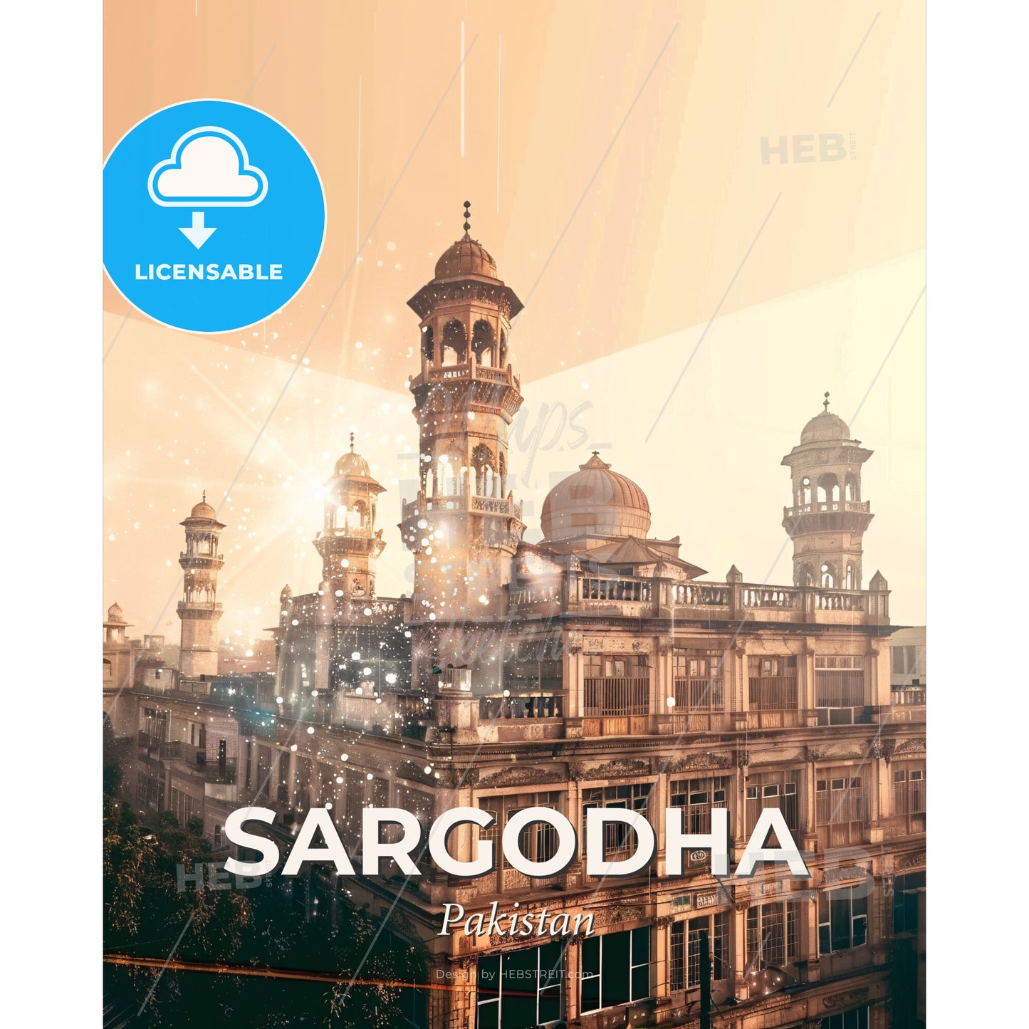 Sargodha, Pakistan: Bright beige double exposure poster - A building with towers and a light in the background - Square format print template