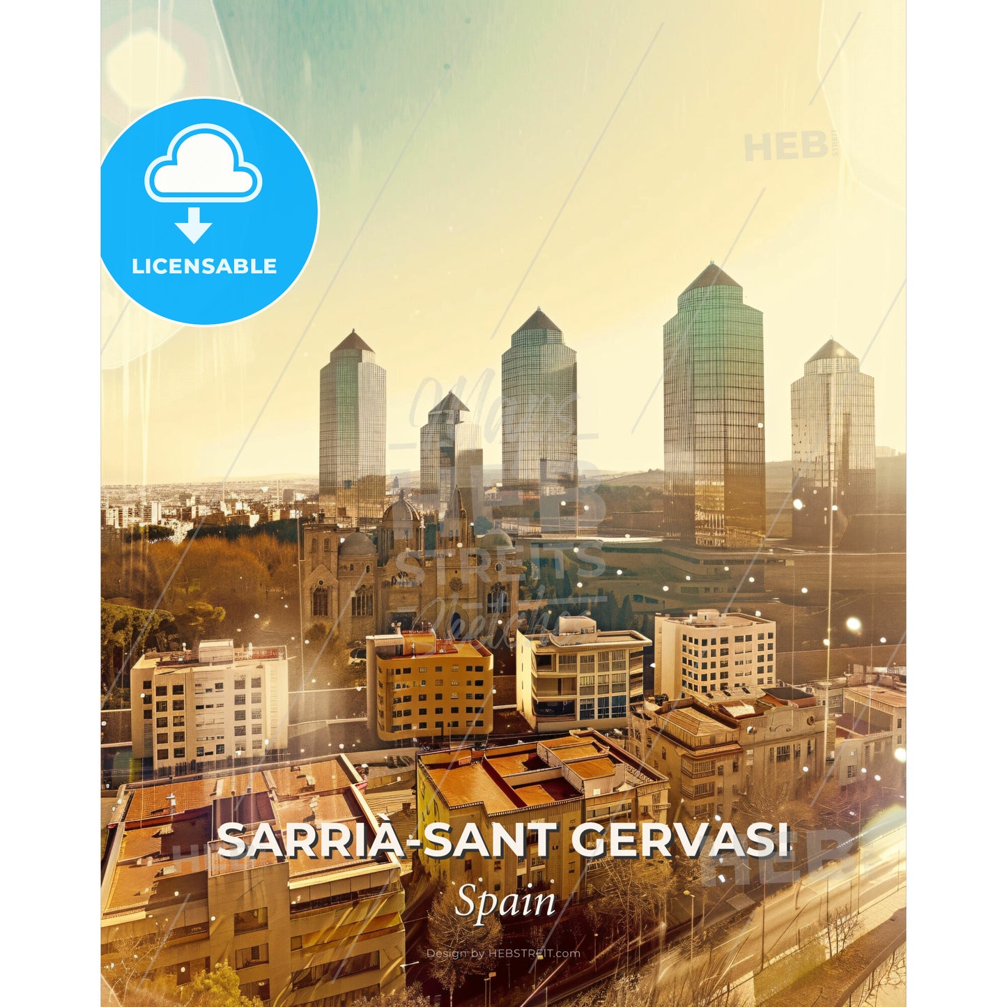 Catalonian Architectural Skyline Poster - A city with many tall buildings - Square format print template