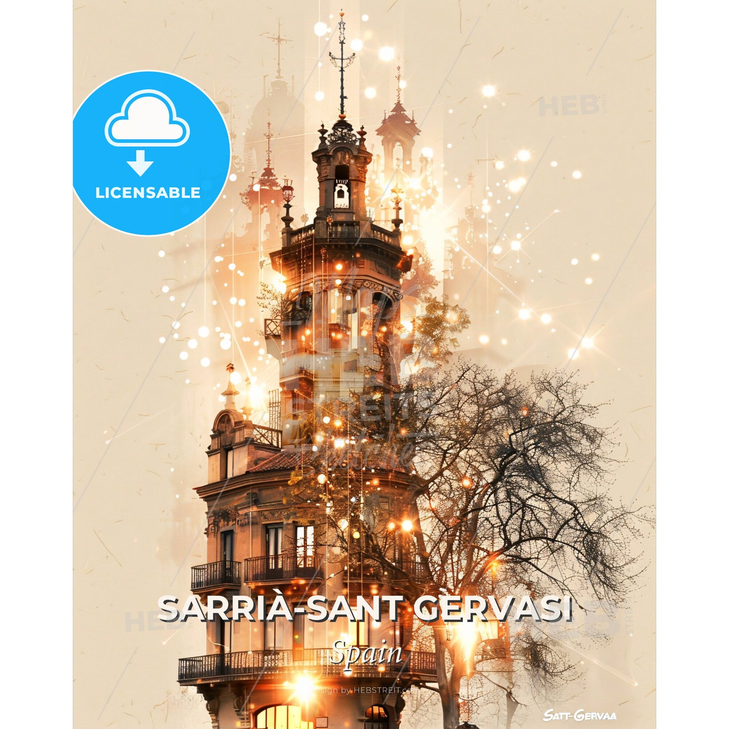 Barcelona Sarrià-Sant Gervasi Cityscape Art Print - A building with a tower and a tree - Square format print template