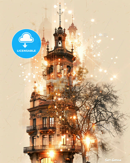 Barcelona Sarrià-Sant Gervasi Cityscape Art Print - A building with a tower and a tree