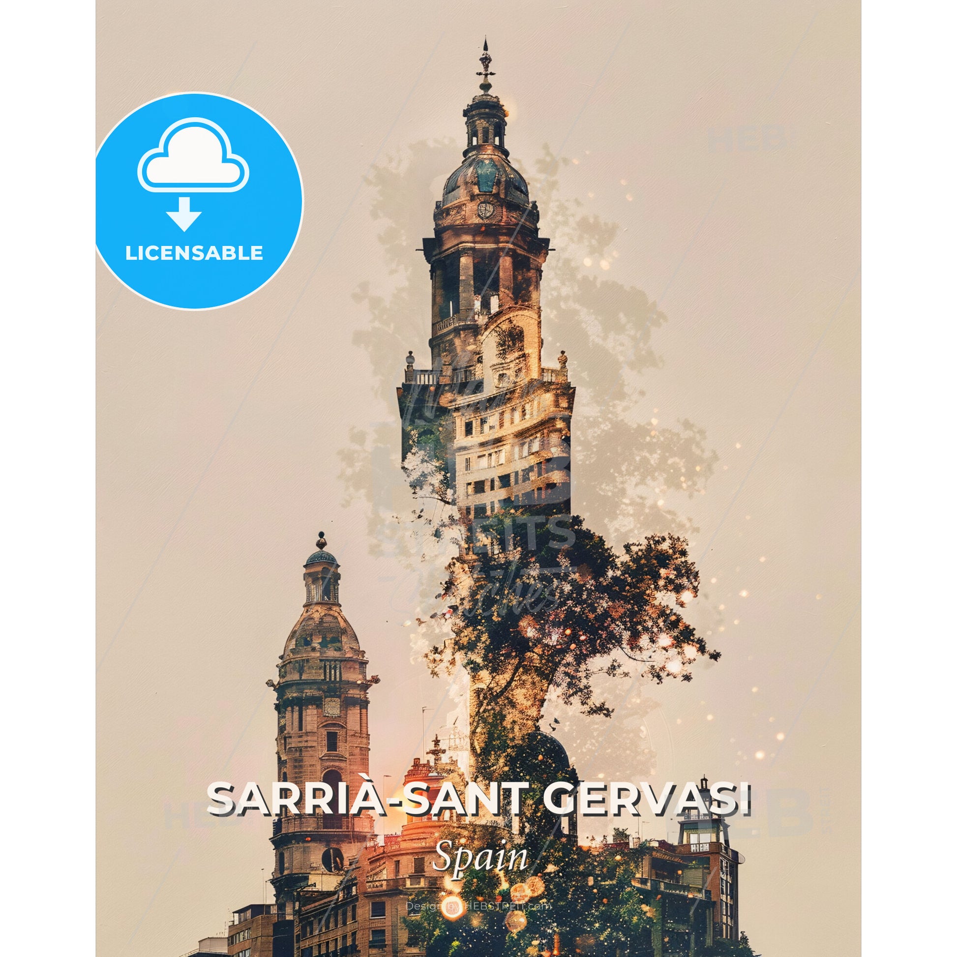 Sarria-Sant Gervasi Skyline Bright Beige Double Exposure Poster - A large building with a clock tower - Square format print template