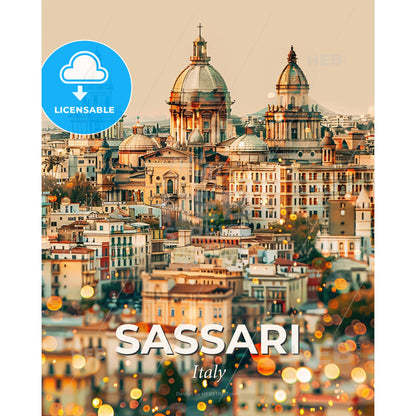 Sassari City Skyline Double Exposure Art Poster - A city with many buildings - Square format print template