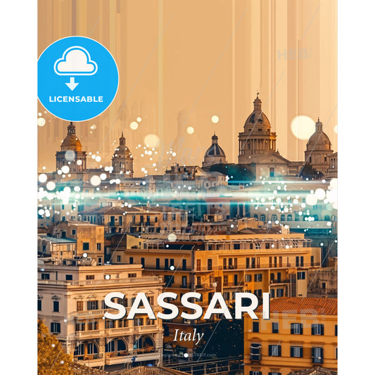 Sassari Italy Skyline Art with Vintage Beige Background - A city with many buildings - Square format print template