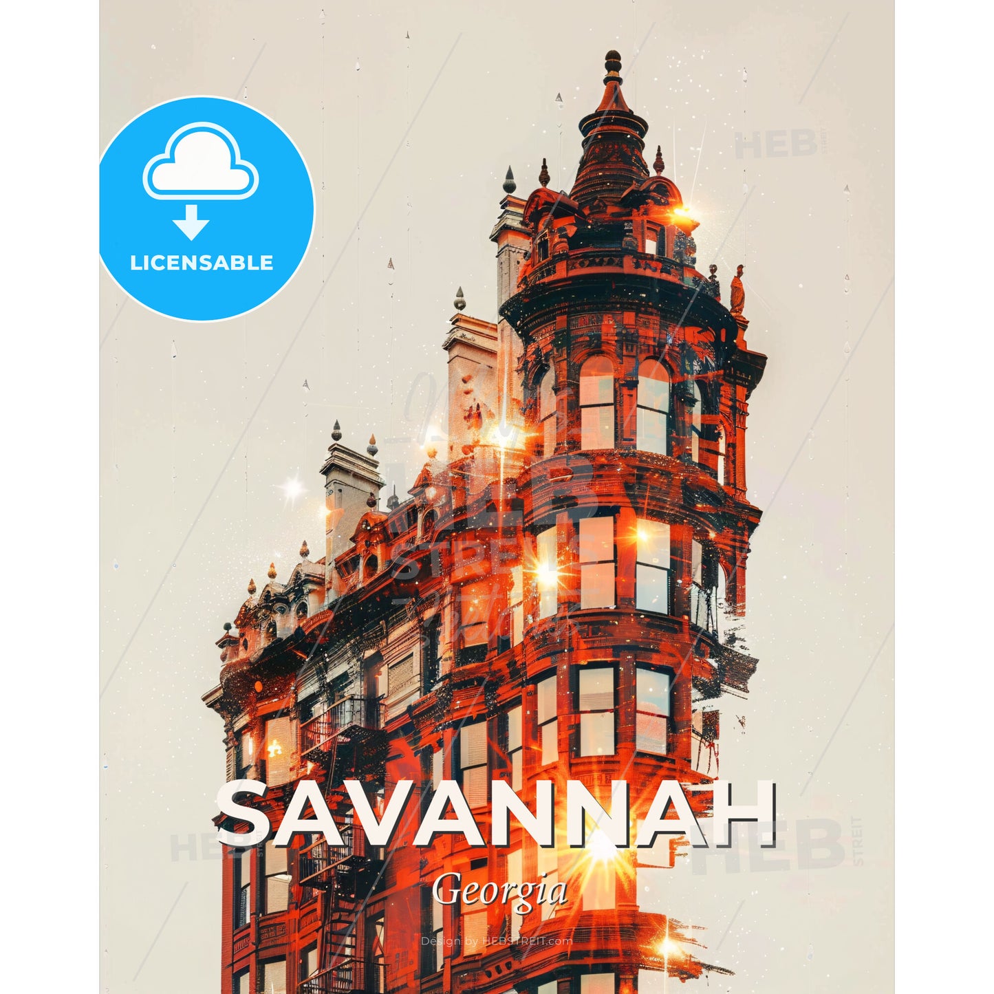 Savannah Georgia Art Deco Skyline Poster - A building with a tower - Square format print template
