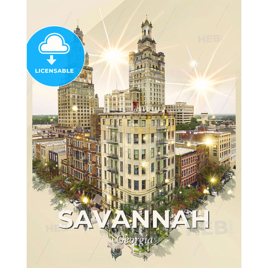 Savannah City Skyline Double Exposure Poster - A city with many tall buildings - Square format print template