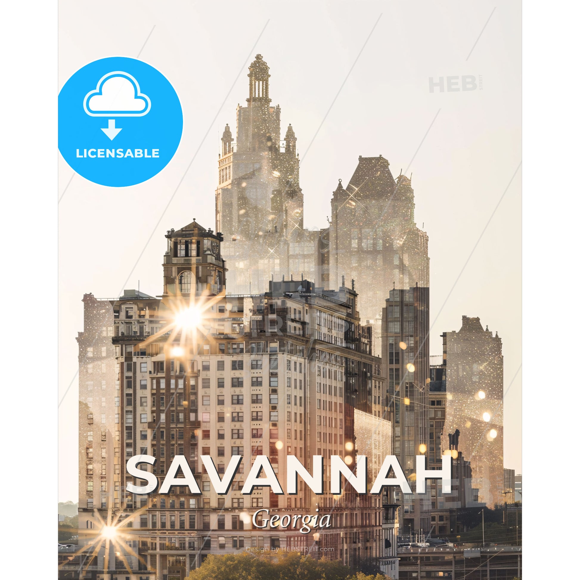 Savannah Double Exposure City Skyline Composite Art - A city skyline with many buildings - Square format print template
