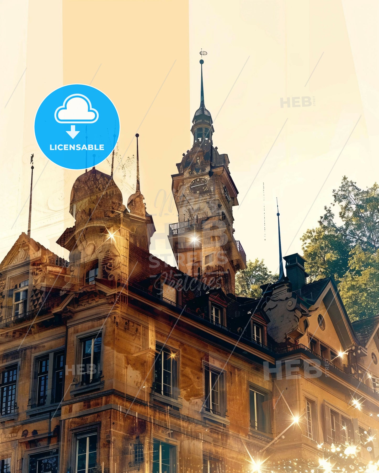 Schaffhausen Skyline Silhouette Night City Lights - A building with a tower and trees