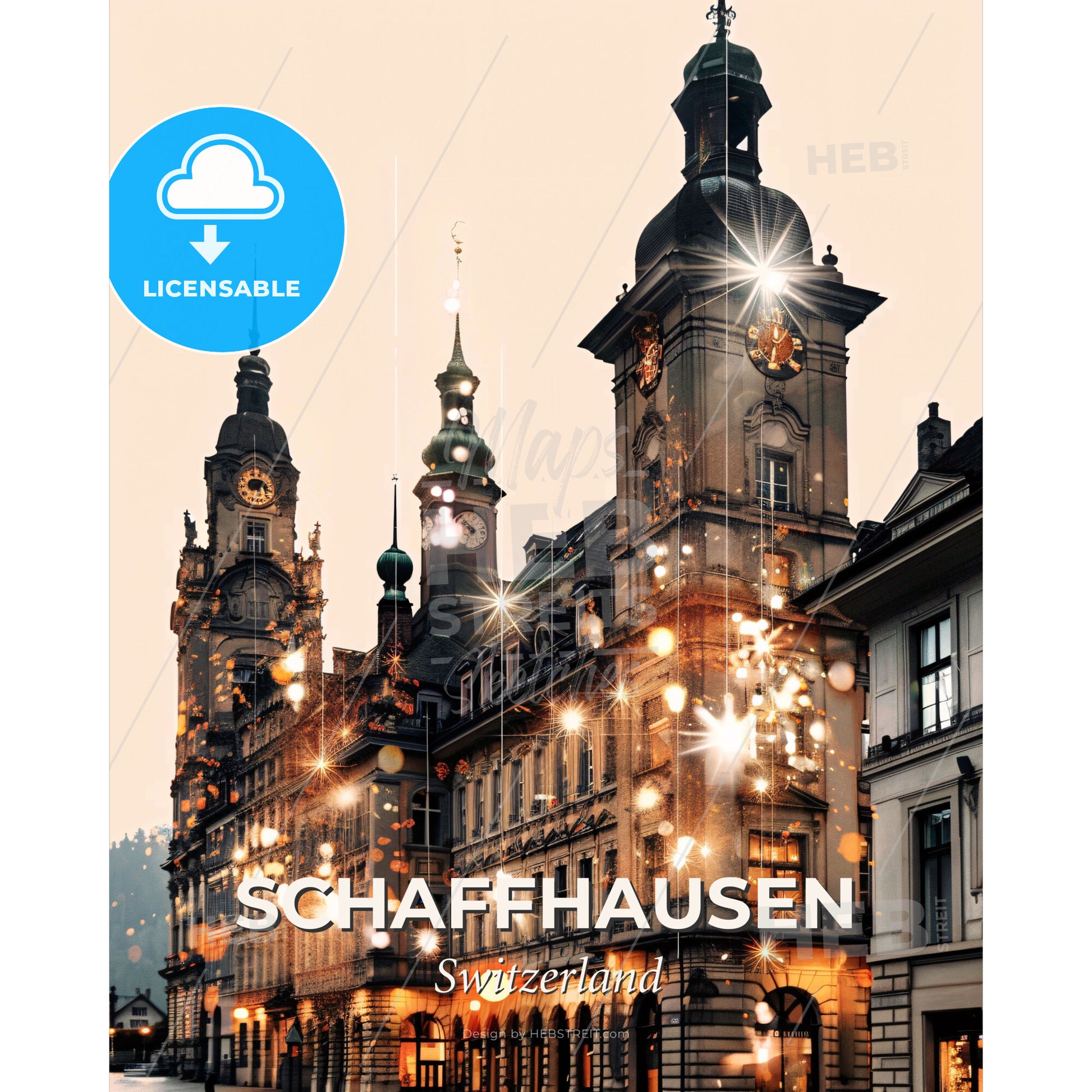 Schaffhausen Skyline Composite Art Poster Design - A building with a clock tower and lights - Square format print template