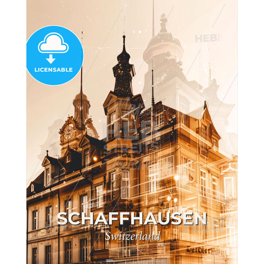 Schaffhausen City Skyline Double Exposure Art Print - A building with a clock tower - Square format print template