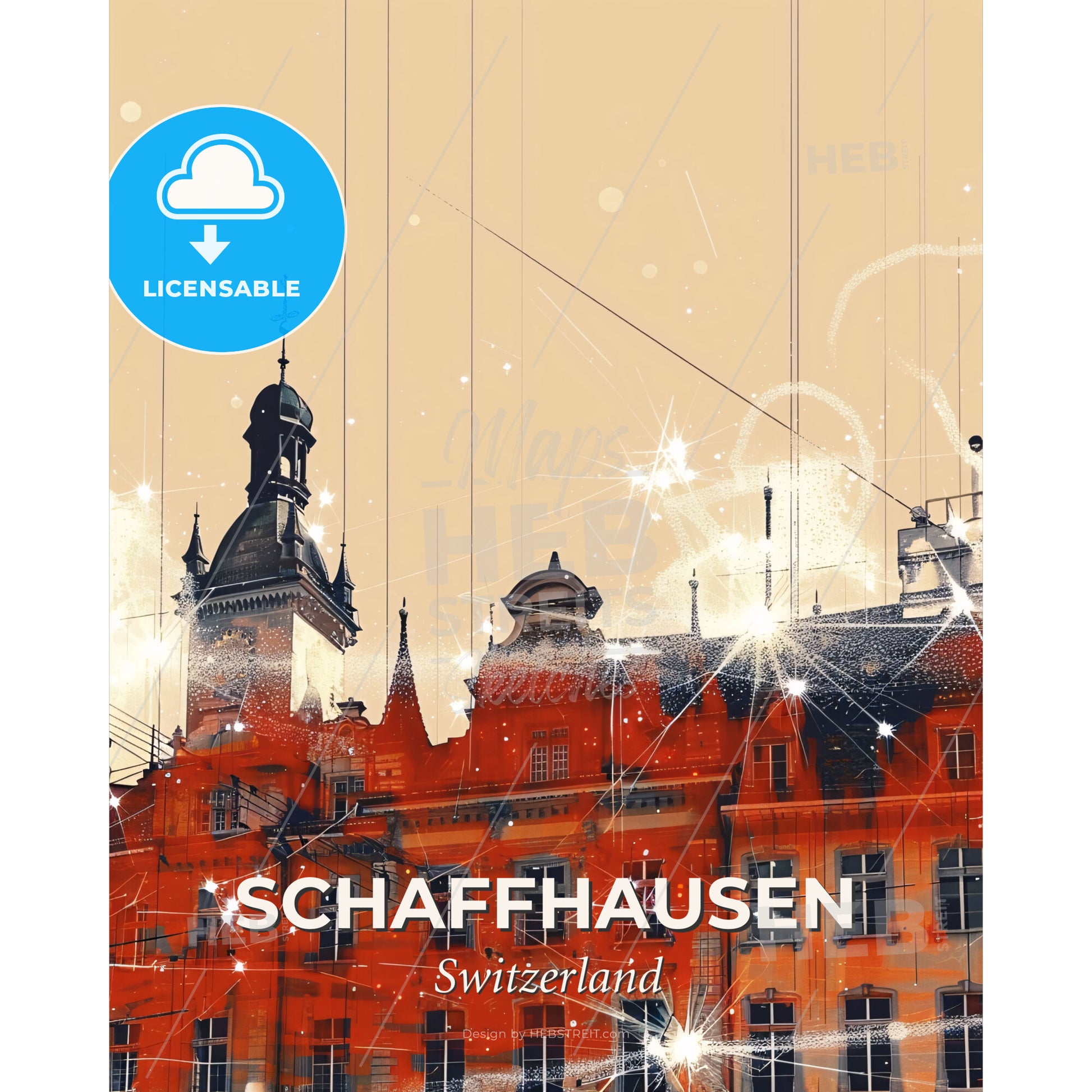 Schaffhausen City Skyline Double Exposure Poster Art - A building with a tower and fireworks - Square format print template