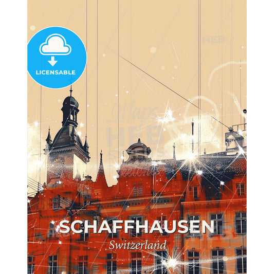 Schaffhausen City Skyline Double Exposure Poster Art - A building with a tower and fireworks - Square format print template