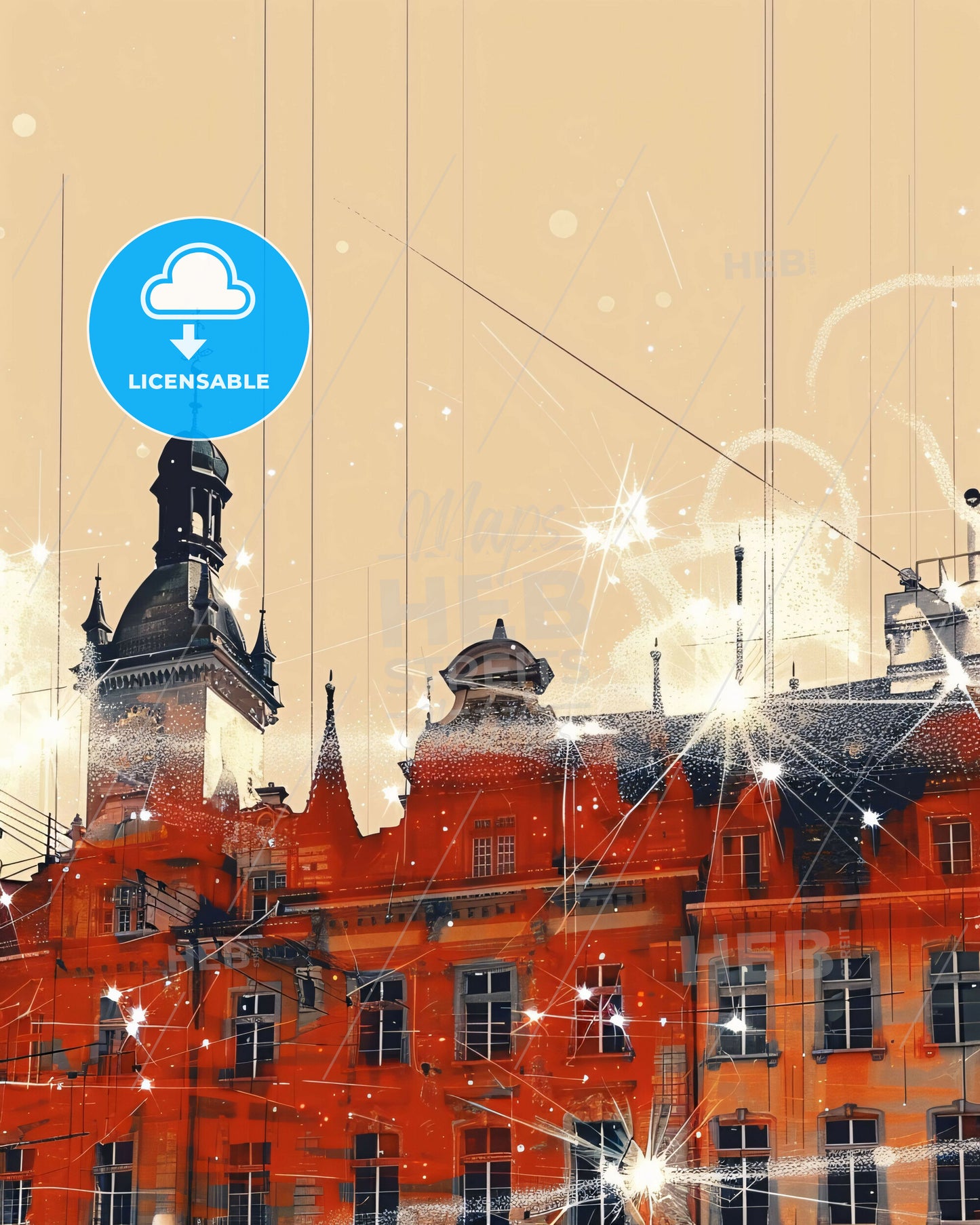 Schaffhausen City Skyline Double Exposure Poster Art - A building with a tower and fireworks