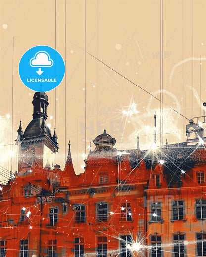 Schaffhausen City Skyline Double Exposure Poster Art - A building with a tower and fireworks