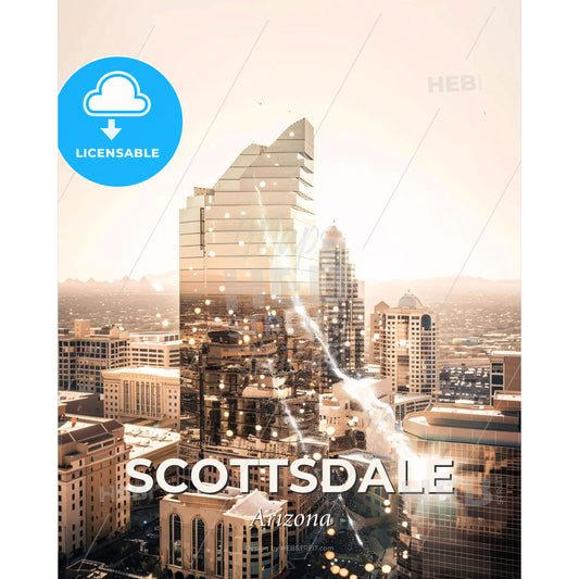 Scottsdale Skyline Double Exposure Art Poster - A city with many tall buildings - Square format print template