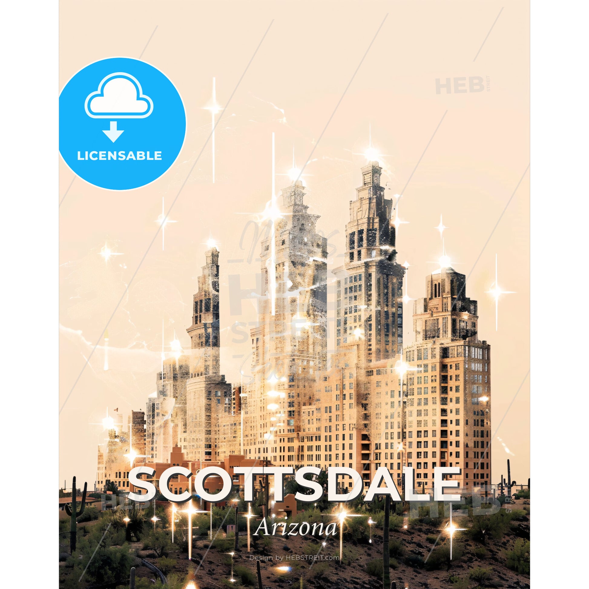 Scottsdale Skyline Composite Art: Beige and Sparkles - A city skyline with many tall buildings - Square format print template