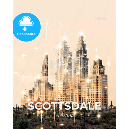 Scottsdale Skyline Composite Art: Beige and Sparkles - A city skyline with many tall buildings - Square format print template